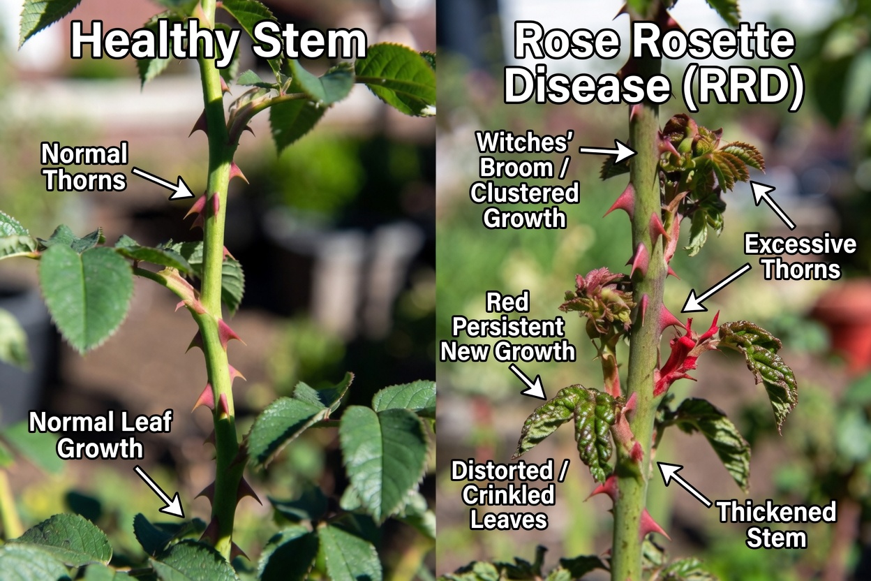 Healthy rose stem (left) compared to a stem infected with Rose Rosette Disease (RRD) (right). Clear visual differences include witches’ broom, excessive thorns, red persistent growth, thickened stems, and distorted leaves. Early identification is critical.